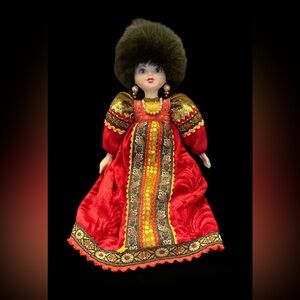 Russian Folk Costume Porcelain Doll w/ Fur Hat Red Velvet Dress 14” Collectible